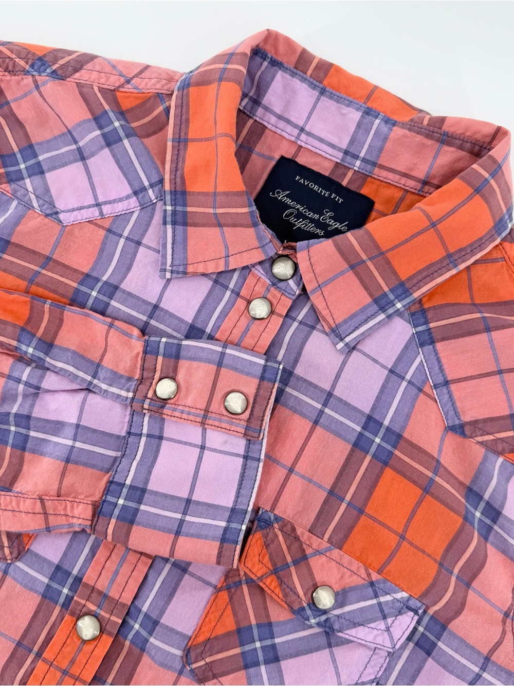American Eagle Orange & Purple Plaid Western Snap Shirt - Women’s Medium Cowgirl